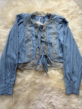 Free People Bali Jude Top Pale Blue Embroidered Lace Tie-Front Blouse